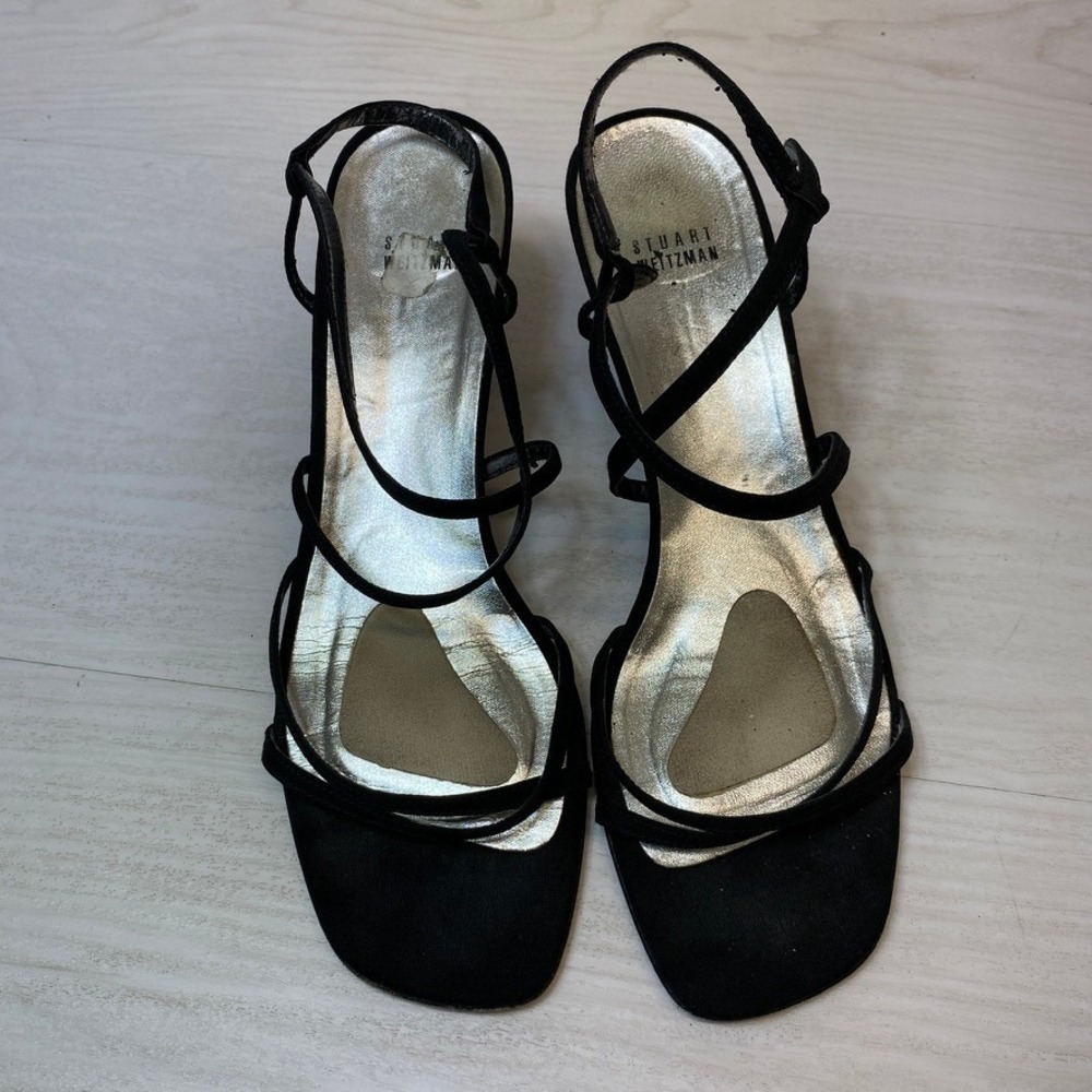 Stuart Weitzman Womens 10 Strappy Sandals Kitten Heel Black Satin Leather Sole